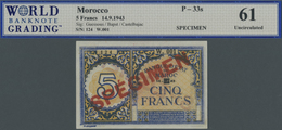Morocco / Marokko: 5 Francs 1943 Specimen P. 33s, Some Pinholes At Left, WBG Graded 61 UNC. - Marocco