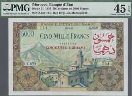 Morocco / Marokko: Banque D'État Du Maroc 50 Dirhams On 5000 Francs 1953, P.51, Soft Vertical And Di - Marocco