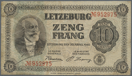 Luxembourg: 10 Frang 1940 P. 41, Rare Note, Several Creases In Paper, Center Fold, Repaired Tear At - Lussemburgo