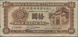 Macau / Macao: 10 Patacas 1945 P. 30, Used With Folds And Stain In Paper, Left And Upper Border At B - Macao