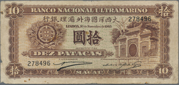 Macau / Macao: 10 Patacas 1945 P. 30, Used With Folds And Stain In Paper, Left And Upper Border At B - Macau