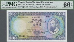 Macau / Macao: Banco Nacional Ultramarino 100 Patacas 1984, P.61b In Perfect UNC Condition, PMG Grad - Macao