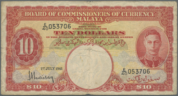 Malaya: 10 Dollars 1941 P. 13, Used With Folds And Creases In Condition: F. - Malesia