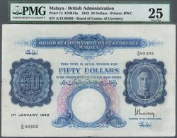 Malaya: 50 Dollars 1942, P.14, Highly Rare Note With Several Folds, Some Spots And Tiny Hole At Cent - Malesia