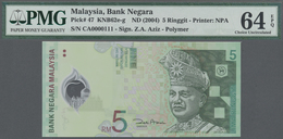 Malaysia: 5 Ringgit ND(2004) Polymer P. 47 With Interesting Serial Number #CA000011 In Condition: PM - Malesia