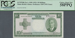 Malta: 10 Shillings L.1949 (1951), P.21a, PCGS Graded 58 PPQ Choice About New - Malta