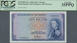 Malta: 5 Pounds L.1949 (1961), P.27a, Vertically Folded With Tiny Spots At Upper Margin On Back And - Malte