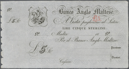 Malta: Banco Anglo Maltese 5 Pounds 18xx Remainder Without Date, Serial And Signature, P.S112r, Very - Malta