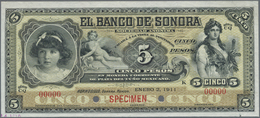 Mexico: El Banco De Sonora 5 Pesos 1911 SPECIMEN, P.S419s, Punch Hole Cancellation And Red Overprint - Messico
