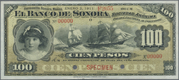 Mexico: El Banco De Sonora 100 Pesos 1911 SPECIMEN, P.S423s, Punch Hole Cancellation And Red Overpri - Mexique