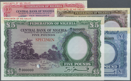 Nigeria: Set With 4 Color Trial Specimen 5, 10 Shillings, 1 And 5 Pounds 1958, P.2cts, 3cts, 4cts, 5 - Nigeria