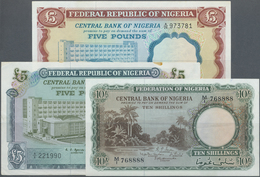 Nigeria: Set With 3 Banknotes 10 Shillings 1958 P.3 (XF), 5 Pounds ND(1967) P.9 (VF) And 5 Pounds ND - Nigeria