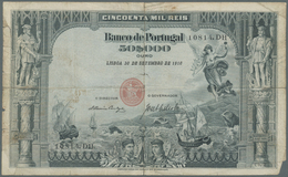 Portugal: 50.000 Reis 1910 P. 85, Rare Note, Center And Horizontal Fold, Some Border Tears, Missing - Portogallo