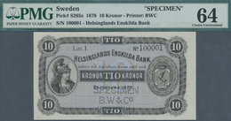 Sweden / Schweden: 10 Kronor 1879 Specimen P. S265s, Helsinglands Enskilda Bank, Condition: PMG 64 C - Svezia