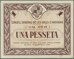 Andorra: 1 Pesseta 1936 P. 6, Crisp Paper, No Holes Or Tears, Light Vertical Bends, No Strong Folds, - Andorre