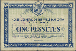 Andorra: Rare Note Of 5 Pessetes 1936 P. 6, Used With Folds And Creases, Stronger Center Fold, But N - Andorra