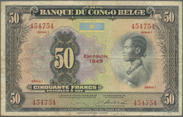 Belgian Congo / Belgisch Kongo: 50 Francs 1949 P. 16g, Usedf With Several Folds, Light Stain In Pape - Ohne Zuordnung