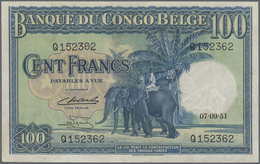 Belgian Congo / Belgisch Kongo: 100 Francs 1951, P.17d, Tiny Brownish Spots Along The Note And A Few - Non Classificati