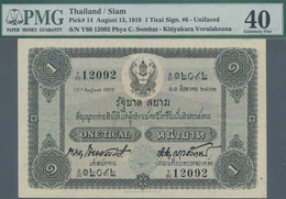 Thailand: Kingdom Of Siam 1 Tical 1919, P.14, Highly Rare Note With A Few Folds And Minor Spots, PMG - Tailandia