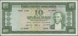 Turkey / Türkei: 10 Lira L. 1930 (1951-1965), P.158, Highly Rare Note With A Soft Vertical Bend At C - Turquie