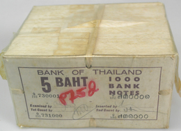 Thailand: Very Rare And Seldom Seen And Unopened Original Brick Of 1000 Pcs 5 Baht ND(1955) P. 75 Wi - Thailand