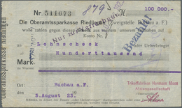 Deutschland - Notgeld - Württemberg: Buchau, Trikotfabrik Hermann Moos, 100 Tsd. Mark, 3.8.1923, 8.8 - [11] Lokale Uitgaven