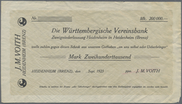 Deutschland - Notgeld - Württemberg: Heidenheim, J. M. Voith, 200 Tsd., 50 Mrd., O. D., Erh. II-, I, - [11] Local Banknote Issues