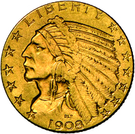 Vereinigte Staaten Von Amerika - Anlagegold: 5 Dollar 1908 D (Half Eagle - Indian Head), KM # 129, F - Other & Unclassified