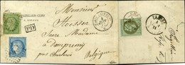 Losange PC 1 / N° 20 + 60 Càd PARIS A GIVET 1e Sur Lettre Pour Charleroi (Belgique). Au Verso, Càd CHARLEROI / 1c Lauré  - 1863-1870 Napoléon III. Laure