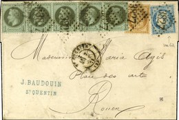 GC 3827 / N° 25 Bande De 5 + N° 36 + N° 60 Càd T 17 ST QUENTIN (2) 7 OCT. 71 Sur Lettre 2 Ports Pour Rouen. Bel Affranch - 1863-1870 Napoléon III. Laure