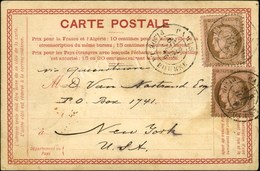 Càd PARIS / PL. DE LA BOURSE / N° 54 (2) Sur CP Privée Pour New York. Au Verso, Càd D'arrivée 1876. Exceptionnelle Combi - 1871-1875 Ceres