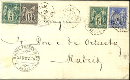 Càd Octo De Lev. Exc. PARIS / PL. DE LA BOURSE E1 / N° 64 (2) + 77 + 78 Sur Lettre Pour Madrid. - TB / SUP. - R. - 1876-1878 Sage (Type I)