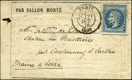 Etoile / N° 29 Càd PARIS (60) 21 OCT. 70 Sur Lettre PAR BALLON MONTE Pour Chateauneuf-s-Sarthe, Au Verso Càd D'arrivée 1 - Guerra Del 1870