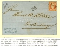 GC 5084 (Les Dardanelles) / N° 23 + Mention Manuscrite '' Mersey '' Sur Lettre De Salonique Avec Texte Daté Du 23 Juin 1 - Schiffspost