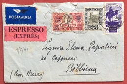 COLONIE ITALIANE LIBIA Ex.L.1,25+50c.+ CIRENAICA P.A. 50c. P.M. N.210  BUSTA POSTA AEREA ESPRESSO X BIBBIENA 19/7/41 - Occ. Britanique MEF