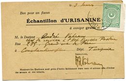 TURQUIE CARTE POSTALE BON POUR UN FLACON ECHANTILLON D'URISANINE DEPART (CONSTANTINOPLE) 3-3-2? POUR LA FRANCE - Storia Postale