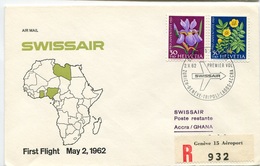 RC 6601 SUISSE SWITZERLAND 1962 1er VOL SWISSAIR ZURICH GENEVE - ACCRA GHANA FFC LETTRE COVER - Eerste Vluchten