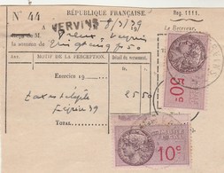 Cachet Et Griffe Oblitération Postale Timbre Fiscal VERVINS Aisne 8/3/1939 Sur Reçu Taxe Téléphone - Telegraph And Telephone
