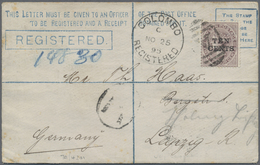 GA Ceylon / Sri Lanka: 1895, Registration Envelope 15 C./2 C. Uprated 10 C./20 C. Tied Duplex "A + COLO - Sri Lanka (Ceylon) (1948-...)