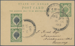 GA Malaiische Staaten - Kedah: 1913, 1 C Green Postal Stationery Card, Uprated With 2 X 1 C Black/green - Kedah
