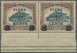 ** Malaiische Staaten - Kedah: 1919 50c. On $2 Green & Brown Bottom Marginal Pair, Left Hand Stamp (She - Kedah