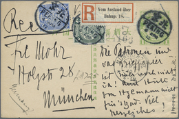 GA China - Ganzsachen: 1908, Card Square Dragon 1 C. Uprated 3 C. Green, 10 C. Ultra Tied Bisected Bili - Cartoline Postali