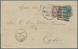 Br Indien - Used Abroad: Burma 1877: Envelope Addressed To Cadiz Bearing India SG 58, 1a Brown And SG 6 - Other & Unclassified