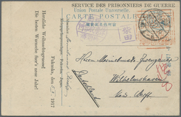 Lagerpost Tsingtau: Fukuoka, 1917, Preprinted X-mas Greetings And Clear Strike Of Large Vermilion Wr - Deutsche Post In China