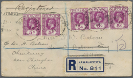 Br China - Incoming Mail: 1913, Ceylon, KGV 5 C. (5, Strip-3 And Pair) Tied "NAWALAPOTIYA MR 13 13" To - Altri & Non Classificati