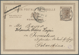 GA Hongkong - Ganzsachen: 1888, Card QV 3 C. Canc. "HONG KONG NO 7 88" To Johaniter Order Hospiz, Jerus - Entiers Postaux