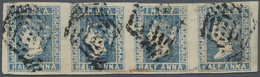 O Indien: 1854 Lithographed ½a. Blue Horizontal Strip Of Four, Used And Each Cancelled By Black Diamon - Autres & Non Classés