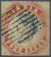 O Indien: 1854 Lithographed 4a. Blue & Red From 2nd Printing, Sheet Pos. 5, Used And Cancelled By Diam - Sonstige & Ohne Zuordnung