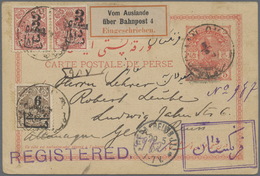 GA Iran: 1902 Postal Stationery Picture Postcard (Ruins Of Persepolis) 5c. Surcharged "PROVISOIRE" Used - Iran