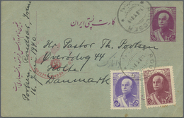 GA Iran: 1940, 10 D. Violet On Green Postal Stationery Card Used Uprated With 5 D. Bright Violet And 75 - Iran